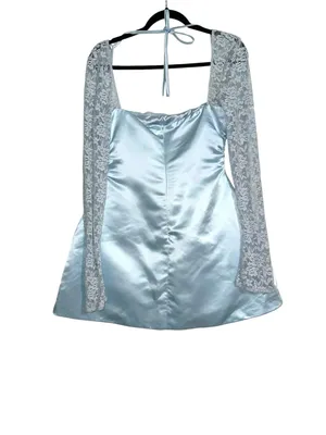 Babyboo Sadie Baby Blue Lace Sleeve Satin Mini Dress MEDIUM thumbnail 4