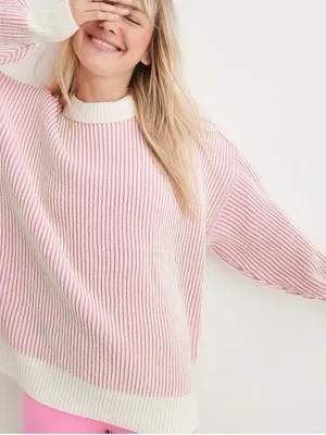 Aerie Beyond Chenille Pink & Cream White Sweater Ribbed Oversized Medium thumbnail 2