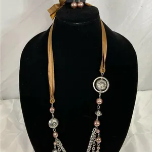 Paparazzi Multi-Chain Beaded Necklace in Ribbon and Silver with Earrings thumbnail 1