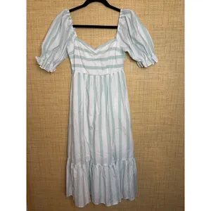 Abercrombie‎ & Fitch Blue White Striped Puff Sleeve Smocked Midi Dress Small thumbnail 2