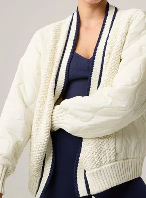 Offline by Aerie Quilted Knit Cardigan Puffer Cream Navy Oversized Sweater Cozy thumbnail 1