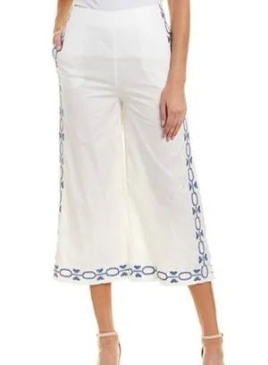 New Foxiedox Embroidered Cropped Pants Spellgirl Culottes White Blue Size Medium thumbnail 4