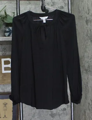 Nine West Womens Woven Pleat Neck Tie Woven Blouse Shirt Top WL11W005PP2 Black S thumbnail 1
