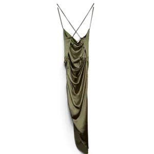 Club L London Olive Green Satin Cowl Neck Ruched Asymmetrical Midi Dress size 10 thumbnail 4