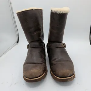 UGG Noira 1001733 Dark Brown Leather Shearling Moto Boots Womens 10 Biker thumbnail 4