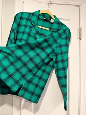 L.L.Bean Size SP Green Plaid Flannel Pajama Top Button Front 100% Cotton Pocket thumbnail 5