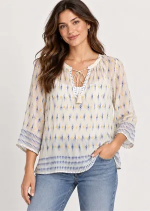 Joie Medium 100% Silk Ikat Tassel Tie Boho Peasant Blouse Ivory Blue Sheer Work thumbnail 1