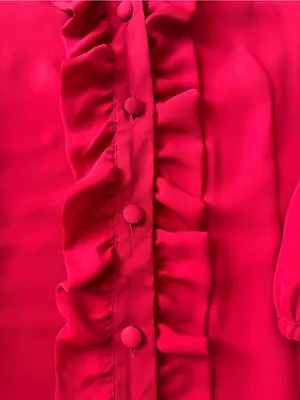 Jaclyn Smith Red Satin Ruffle Button Front 3/4 Balloon Sleeve Blouse Women’s M thumbnail 6