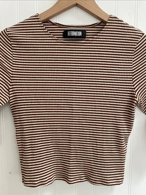 REFORMATION Cameron Crop Top Striped Fitted Elbow Sleeve Baby Tee Brown White XS thumbnail 4