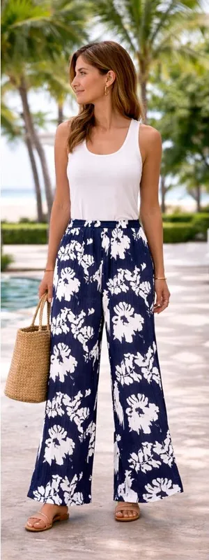 Joie Navy & White Floral Wide-Leg Pull-On Pants thumbnail 1