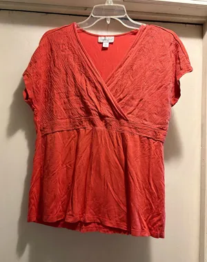 Coldwater Creek coral/orange short sleeve embroidered empire waist blouse, M thumbnail 1
