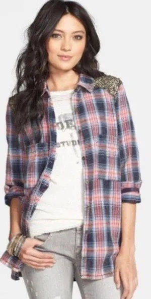 Little Bit of Sugar Red Plaid Sequin Tunic Flannel Shirt thumbnail 1