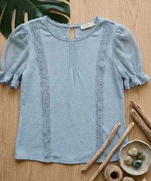 COOKIES CLOTHING Light Blue Lace Trim Swiss Dot Sheer Puff Sleeve Blouse thumbnail 1