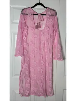 Women's Pink Floral Lace Fishnet Mesh Sheer Long Sleeve Midi Dress Cover Up M/L thumbnail 10