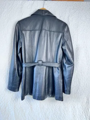 Winlit Vintage Leather Women's Jackets Size M Soft Black Warm Trench Coat Belt thumbnail 3