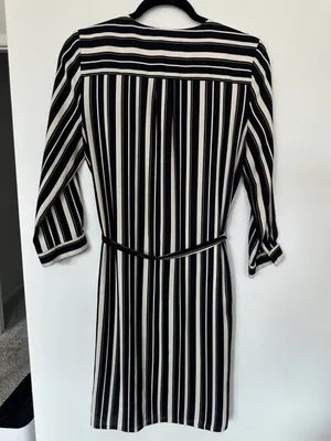 LOFT Black and White Striped Long Sleeve Midi Shirt Dress with Belt thumbnail 3