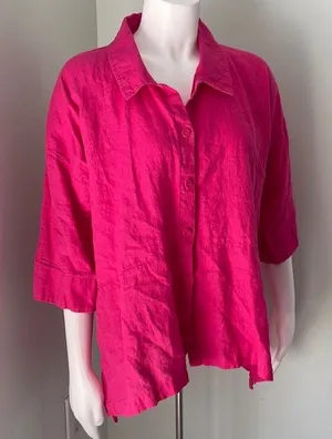 FLAX Pink Linen Lagenlook Button Front Collared Blouse thumbnail 1