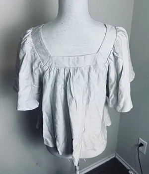 Boho Linen Blend Square Neck Blouse Peasant Beige Flutter Sleeve Top Cottagecore thumbnail 1