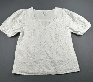 Draper‎ James Blouse Womens Medium White Eyelet Puff Sleeve V Neck Cotton Top thumbnail 1