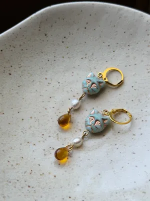 Handmade quality Czech glass cat cute boho fairy vintage style dangle earrings🐈 thumbnail 5