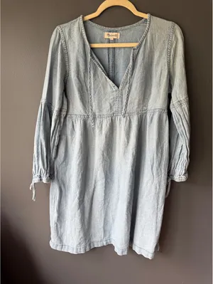 Madewell Light Wash Denim Dress with Long Sleeves and Tie Cuffs thumbnail 1