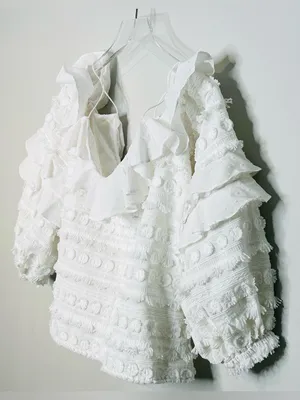 Alexis Damini White Off Shoulder Ruffle Long-Sleeve Fringe Blouse Shirt Top thumbnail 9