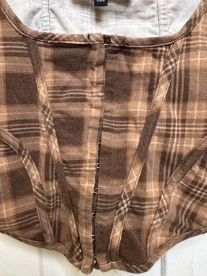 Brown Plaid Crop Top Hook and Eye Front Size Small | Grunge thumbnail 2