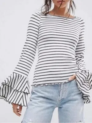 We The Free Free People Good Find Striped Bell Sleeve Ribbed Top grey‎ white size XS thumbnail 1