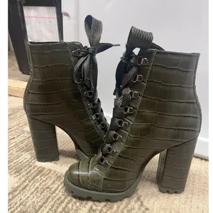 Schutz NEW $158 Zhara Green Croc Embossed Leather Lace Up Chunky Booties Sz‎ 8B thumbnail 6