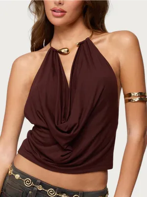 NWOT Edikted Mileva Cuff Deep Cowl Neck Top in Brown Size Small thumbnail 1