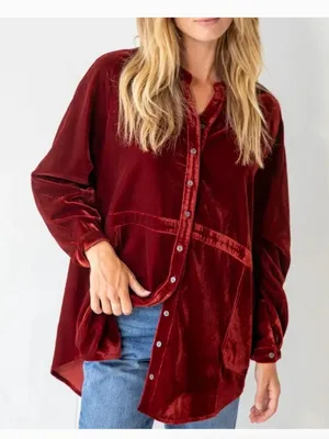 NWT Natural Life Laid Back Velvet Button Down Top Burgundy Rust thumbnail 1