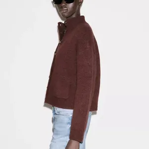 Zara NWT brown button front knit sweater cardigan bomber jacket thumbnail 7