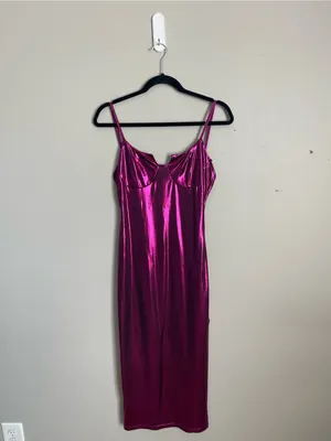 Metallic Magenta Midi Slip Dress Sz L thumbnail 2
