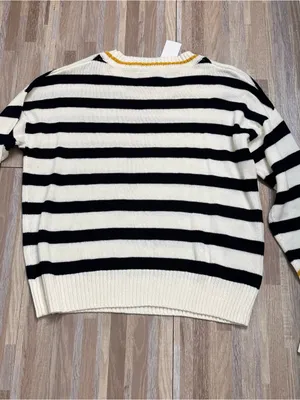 Freshman Black & Cream Striped Crewneck Sweater with Yellow Trim Women’s XL NWT thumbnail 6