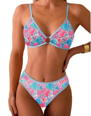Boutique Women's XS Junior Triangle Bikini O Ring Colorful Two-Piece Swimsuit Fan Floral thumbnail 1