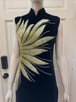 Unbranded Vintage 80s Beaded Soft Velvet Dress, Starburst Sequin Gown thumbnail 2