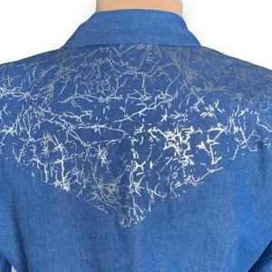 Vintage‎ Blue Denim Blazer Silver Polka Dot Boho Western Jacket Artsy Eclectic thumbnail 6