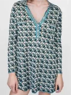 Zara Knit Jacquard‎ Dress Long Sleeve Geometric Print Mini Teal Brown Size Small thumbnail 1