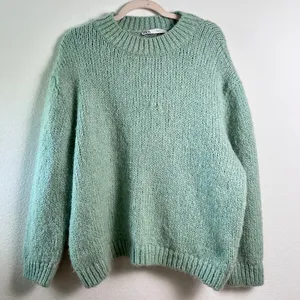 Zara Women’s Mint Green Wool Blend Chunky Cable Knit Sweater Large Long Sleeve‎ thumbnail 2