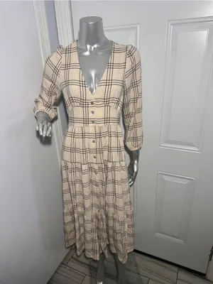 Marine Layer Maeve Maxi Dress NWOT Small Cream Windowpane Plaid Tiered V-Neck thumbnail 5