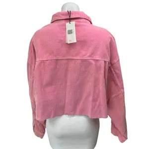 NEW Urban Outfitters BDG Pink Corduroy Button Up Crop Shirt Shacket Jacket Top L thumbnail 2