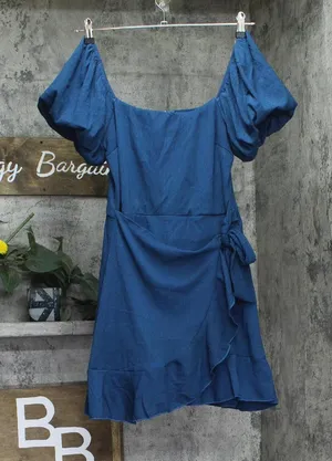 Trixxi Juniors Puff-Sleeve Side-Tie Fit & Flare Dress Dark Teal Blue Green L thumbnail 1
