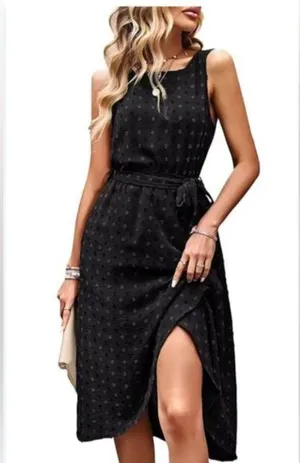 NEW Black Sleeveless Midi Dress Swiss dot Chiffon Wrap NO BELT S thumbnail 1