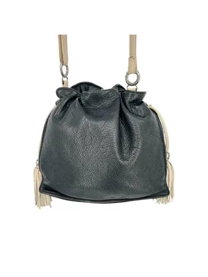 Brighton Boho Western Bucket Slouch Bag Leather Black White Tassel Silver Charms thumbnail 10