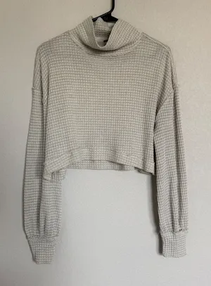 Free People Waffle Knit Cropped Mock Neck Thermal Top Beige Small Sweater Boho thumbnail 1