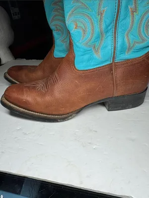 Tony Lama Brown Leather Cowboy Boots with Turquoise Shaft square toe cowgirl 10C thumbnail 5