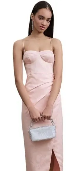 Anthropologie BHLDN CORSETED BABY PINK LONG RUCHE SIDE LINED MAXI CRISS CROSS DRESS 12 thumbnail 1