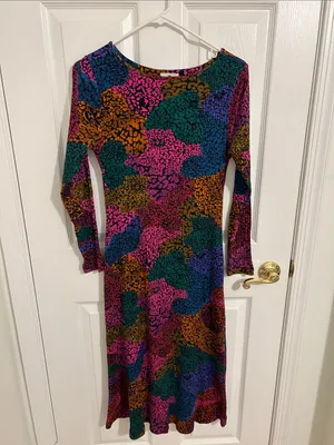 Farm Rio Rainbow Mix Jersey Dress Ribbed Knit Long Sleeve Midi New Size Medium thumbnail 4