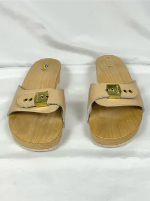 Vintage Dr. Scholl's Pescura Wood Sandals Tan Leather Italy Size 7 Original thumbnail 3