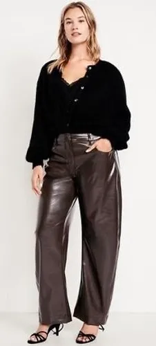 Old Navy‎ Extra High-Rise Barrel Leg Faux Leather Pants Chocolate Brown Sz 2 NWT thumbnail 1
